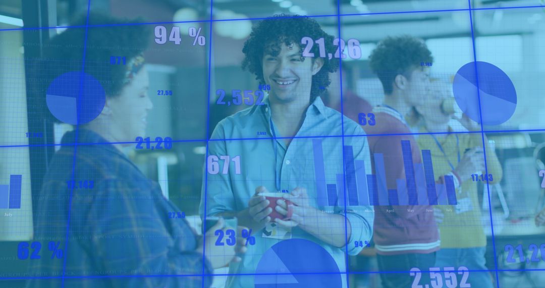 Business Team Collaborating Over Tea With Digital Graph Overlay