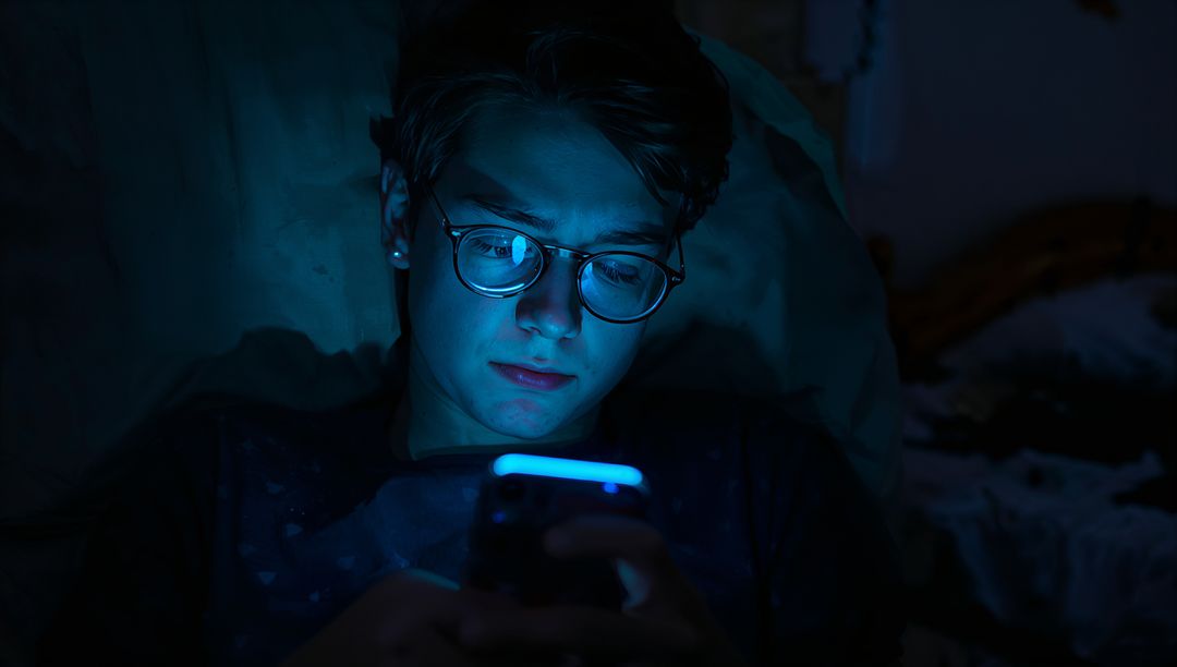 Teenager Relaxing with Smartphone in Dark Bedroom at Night