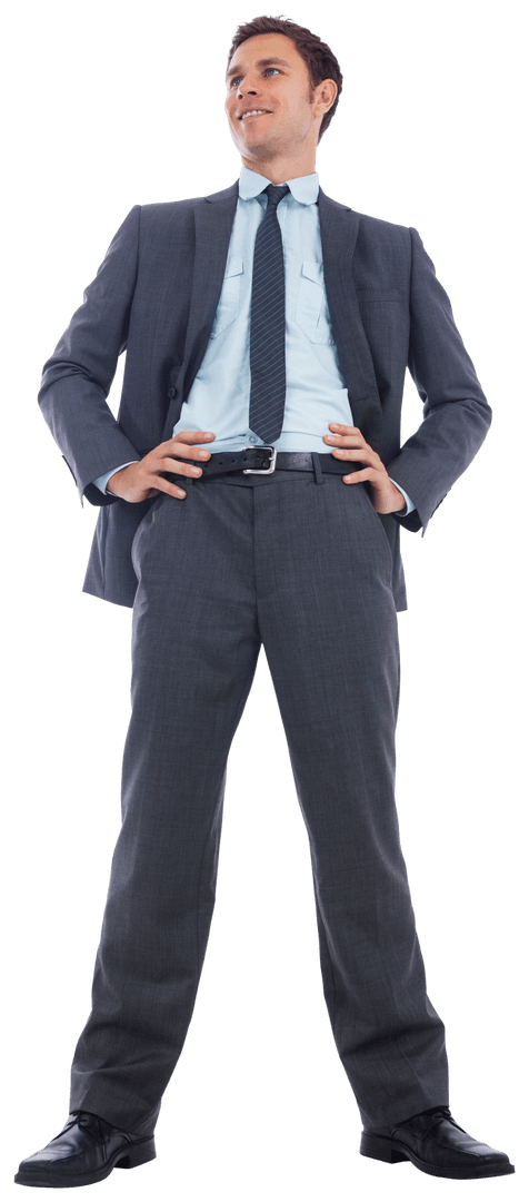 Confident Businessman Standing with Hands on Hips in Transparent Suit