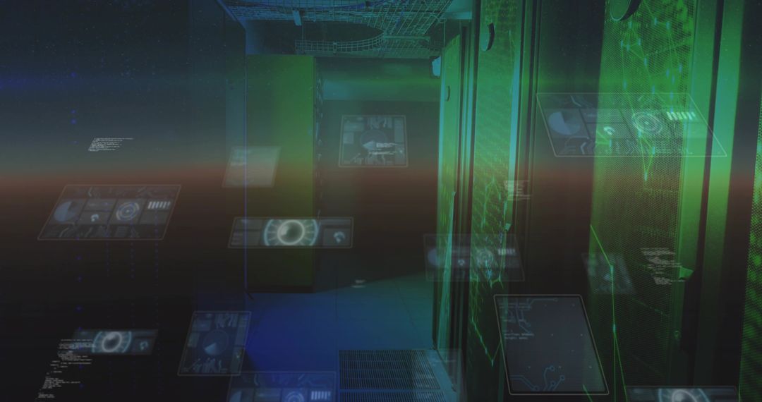 Glowing Server Racks Displaying Holographic Panels in Futuristic Data Center Corridor