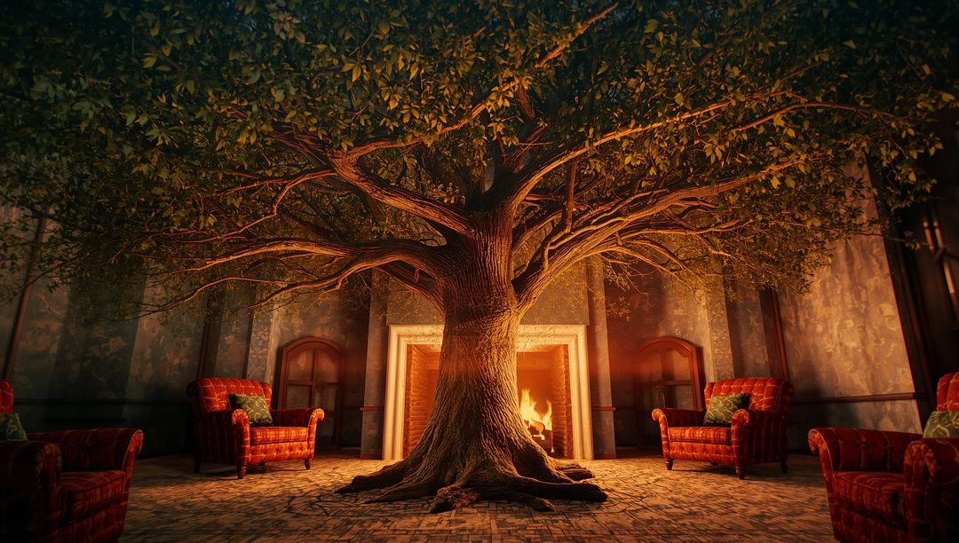 Gnarled Tree in Vintage Parlor Setting with Cozy Fireplace