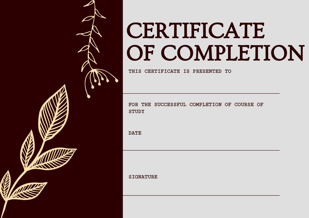 Elegant Certificate of Completion with Botanical Design on Grey and Brown - Download Free Stock Templates Pikwizard.com