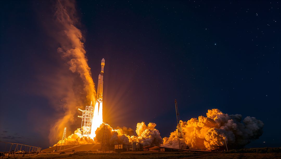 Night rocket launch blasting off from coastal launch pad with fiery plume and starry sky