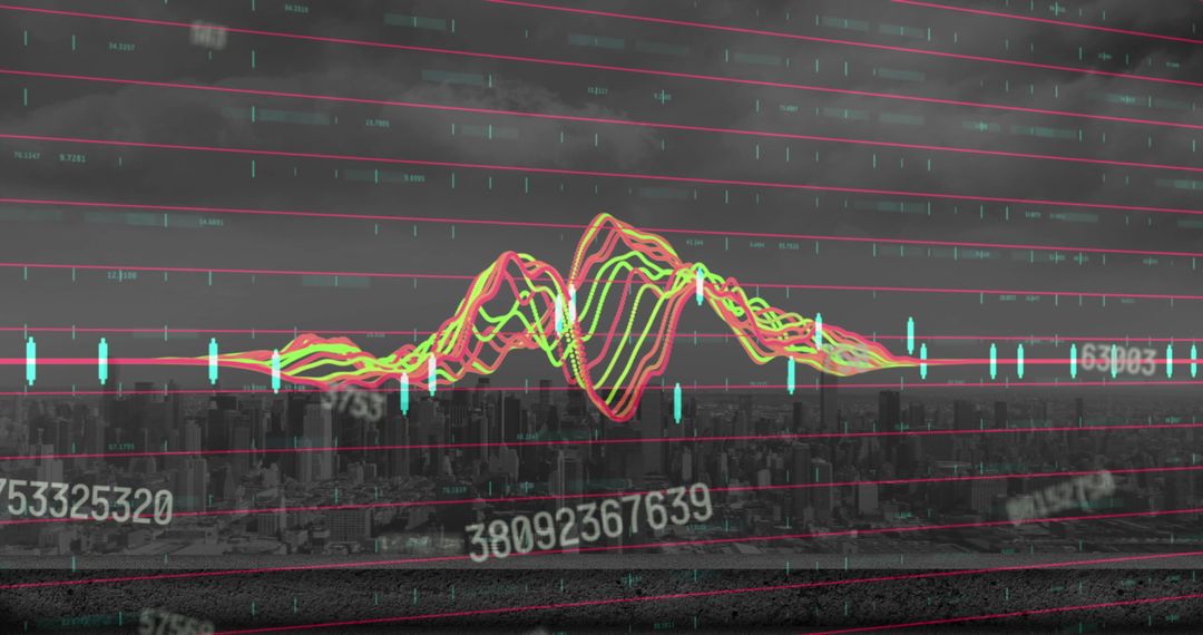 Data Trends Overlayed on Cityscape Skyscrapers