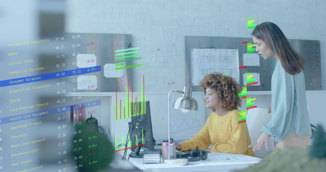 Diverse Colleagues Analyzing Stock Data with Digital Interface