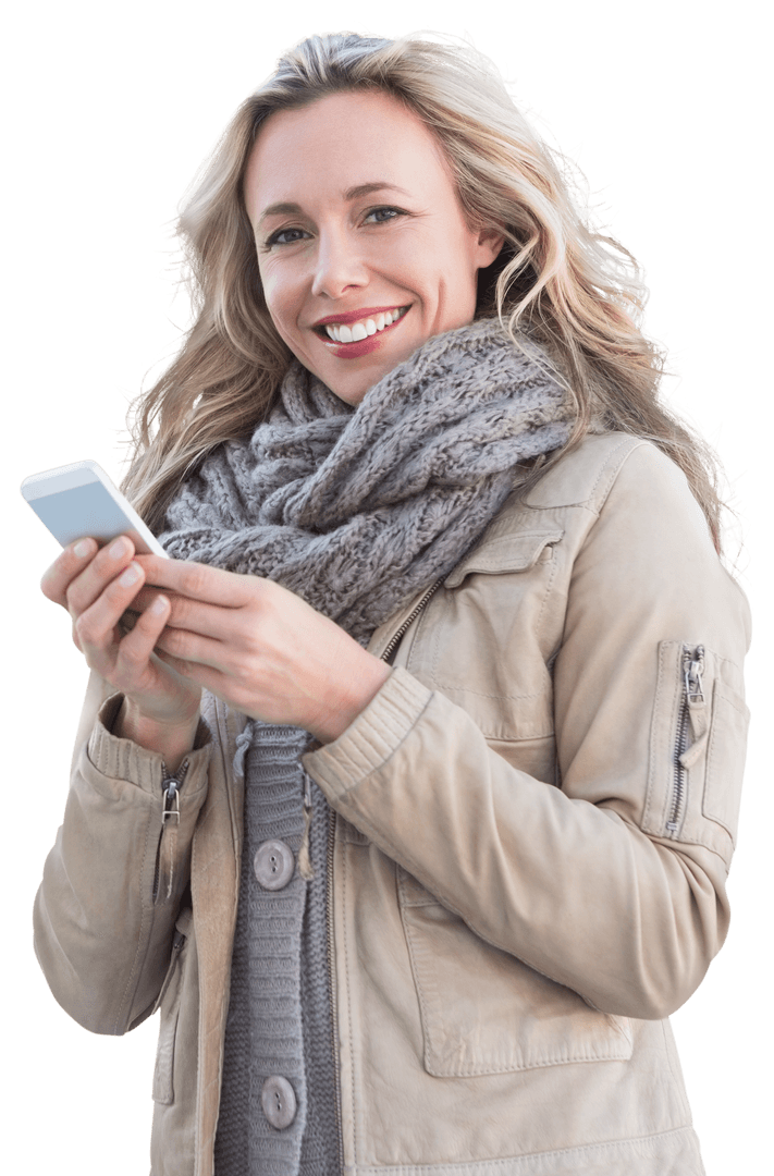 Smiling Woman Texting on Smartphone Transparent Background