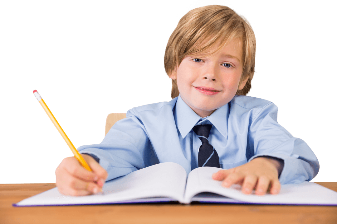 Caucasian Schoolboy Writing in Notebook on Transparent Background
