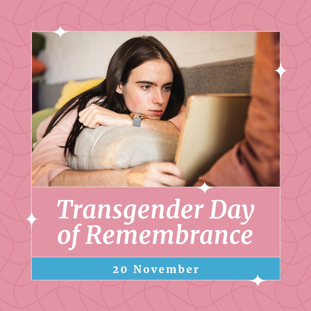 Composite of transgender day of remembrance text over caucasian woman using tablet - Download Free Stock Templates Pikwizard.com