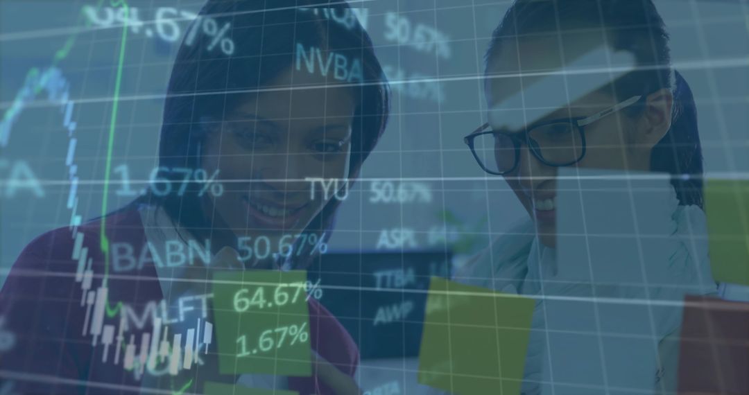 Financial Analysts Exploring Stock Market Trends with Ticker Overlay