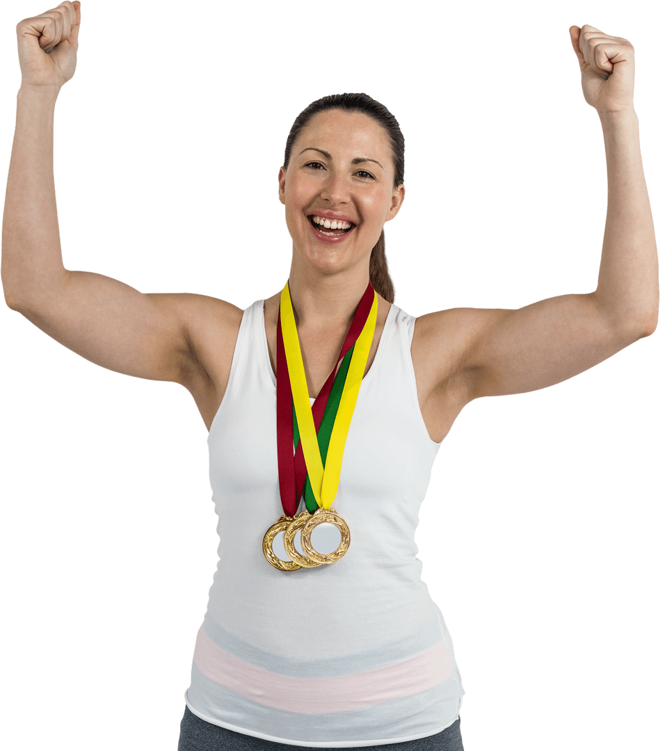 Transparent Joyful Female Athlete Celebrating Victory with Gold Medals - Download Free Stock Images Pikwizard.com