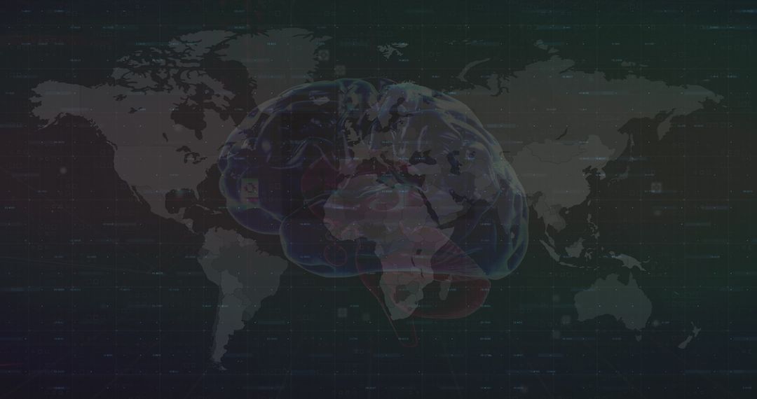 Futuristic Brain Overlay on World Map Background