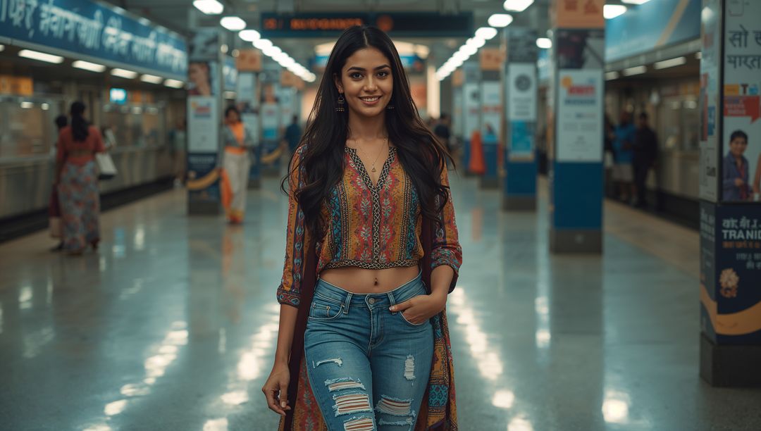 Confident Woman Walking in Colorful Attire at Metro Station