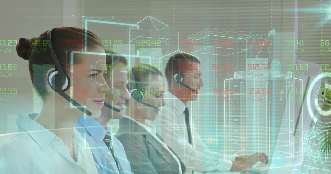 Business Team Engaging via Headsets and Analyzing Data