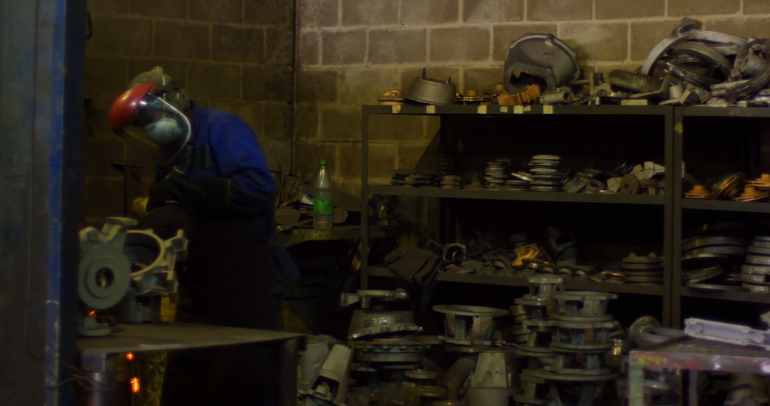 Industrial Worker in Safety Gear Grinding Metal Parts in Workshop - Free Images, Stock Photos and Pictures on Pikwizard.com