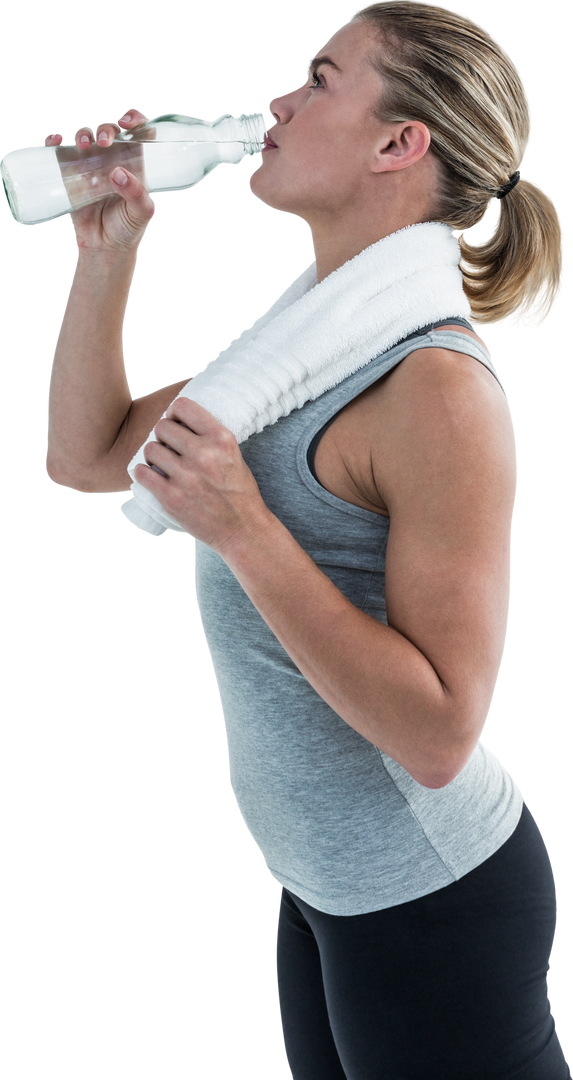 Fit woman drinking water in sportswear with white towel - Download Free Stock Images Pikwizard.com