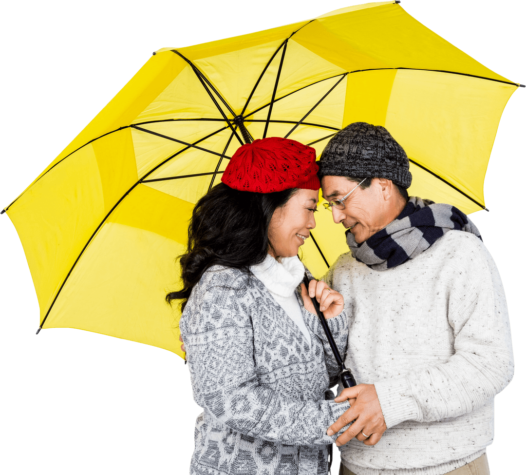 Couple in Winter Wear Under Clear Yellow Umbrella