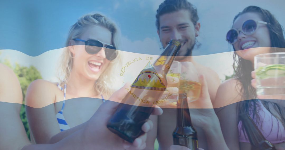 Friends Enjoying Toast with Nicaraguan Flag Overlay at Beach Gathering
