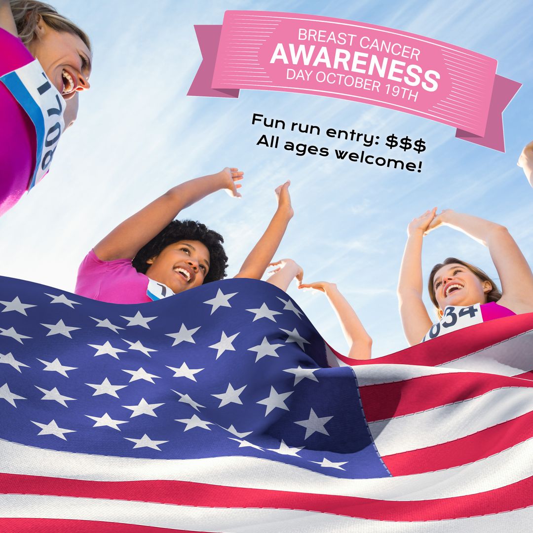 Diverse Women Celebrating Breast Cancer Awareness Run with American Flag - Download Free Stock Templates Pikwizard.com