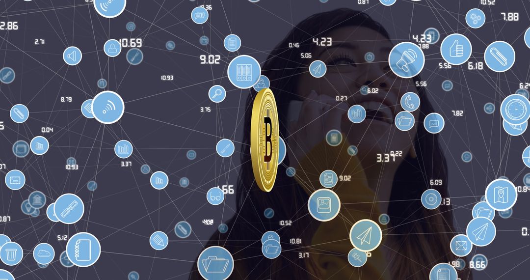 Asian Woman Envisioning Digital Gears with Bitcoin Connections