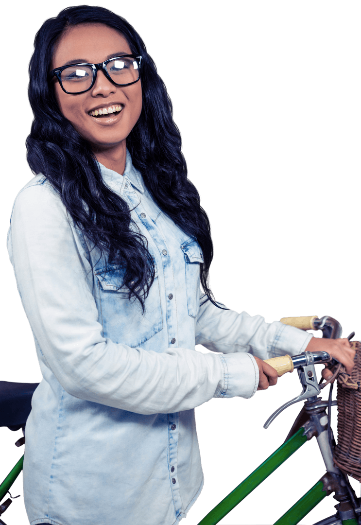 Smiling Asian Woman Holding Bicycle, Transparent Background