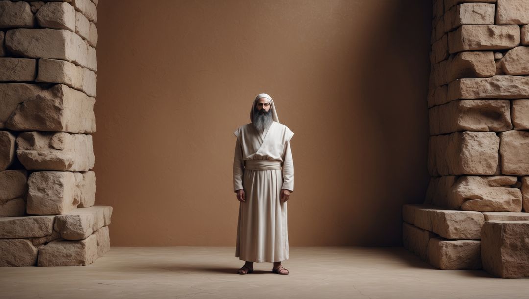 Bearded pharisee in traditional robes in ancient temple