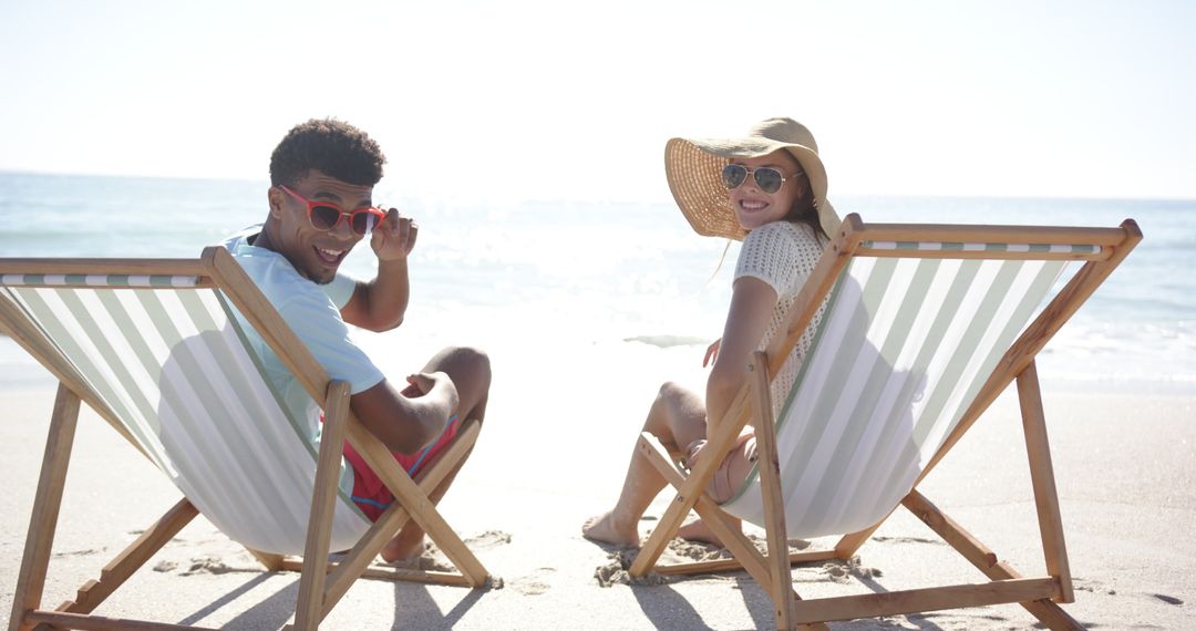 Joyful Couples Retreat on a Sunny Beach right facing camera