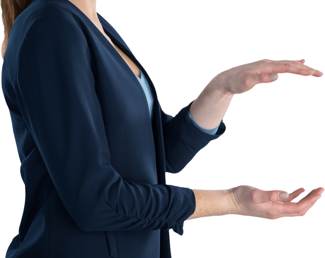 Businesswoman Holding Invisible Product with Hands Transparent Background