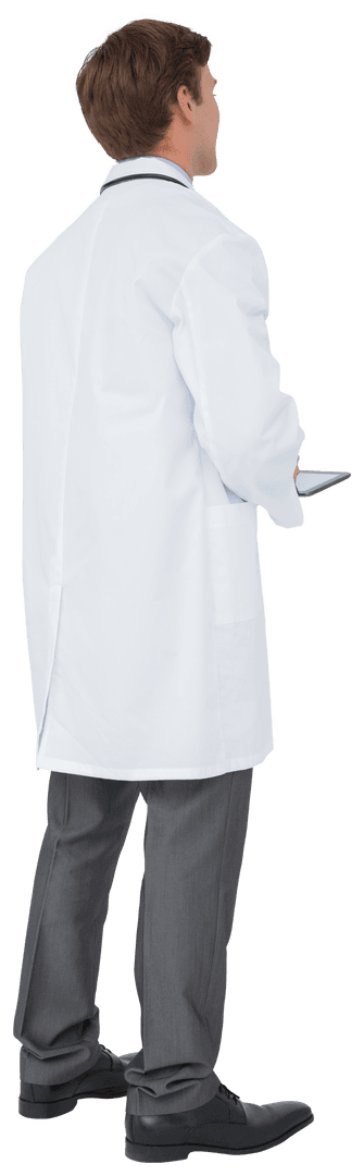 Transparent Doctor Holding Tablet in Professional Attire