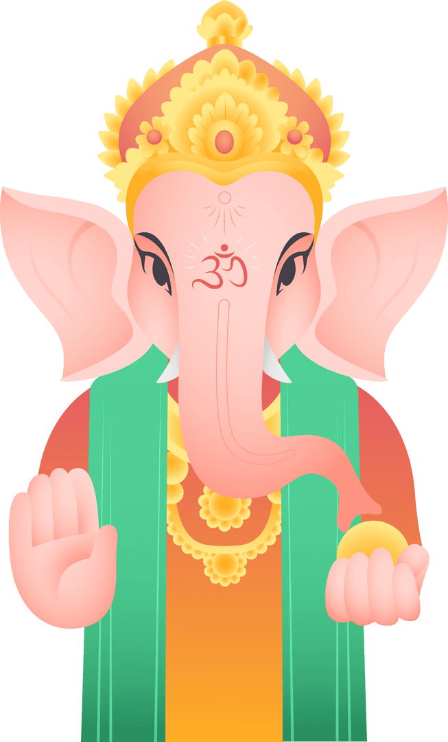 Flat Design Illustration of Ganesha with Crown and Modak on Transparent Background