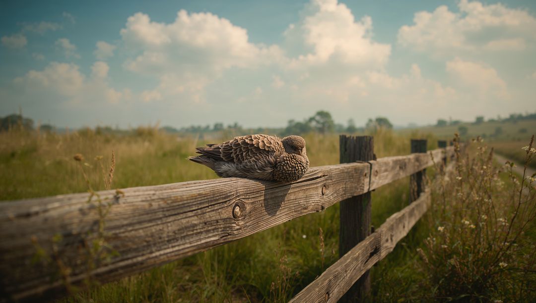 Bird Resting on Weathered Fence in Tranquil Meadow