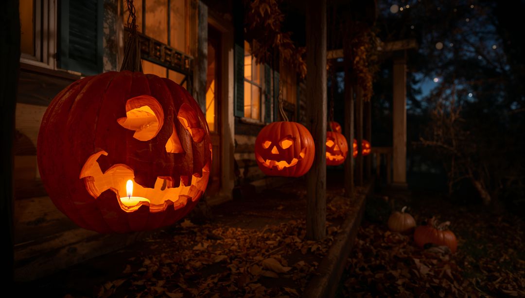 Rustic Halloween Scene with Glowing Jack-O'-Lanterns on Porch