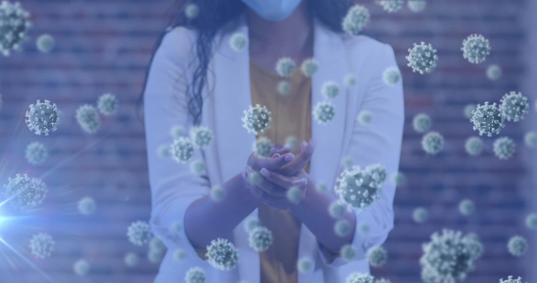 Woman in Face Mask Using Hand Sanitizer with Floating COVID-19 Virus Particles