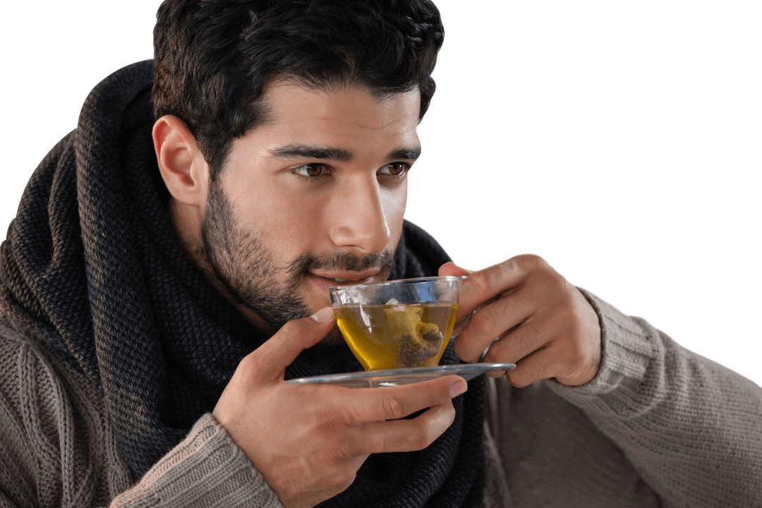 Thoughtful Man Drinking Lemon Tea Transparent Background