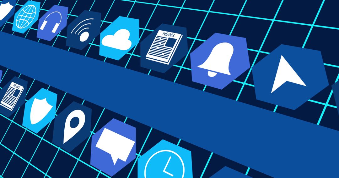 Digital Icons with Blue Overlay on Abstract Grid Background