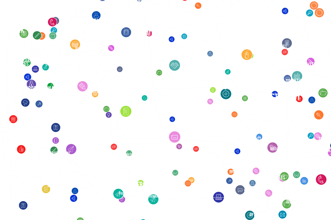 Transparent Digital Network Illustration with Colored Business Icons