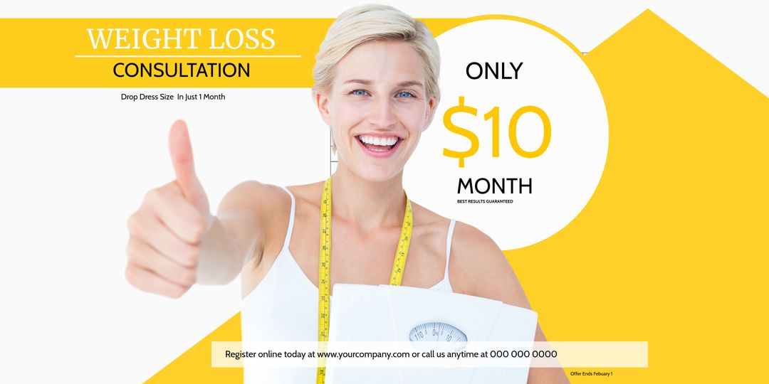 Woman Smiling with Thumbs Up Promoting Weight Loss Consultation