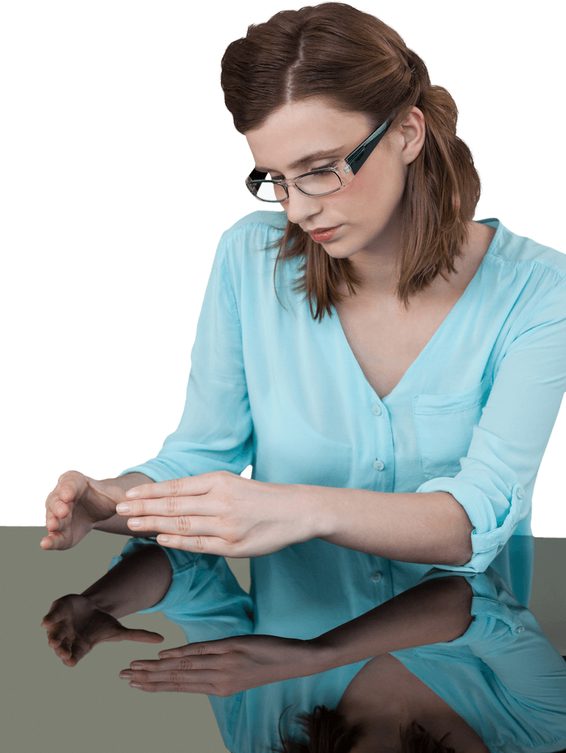 Businesswoman Transparent Gesture Across Reflective Desk