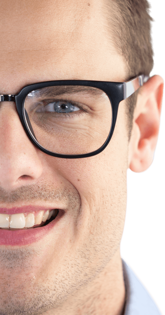 Close-Up of Smiling Young Man Wearing Transparent Eyeglasses