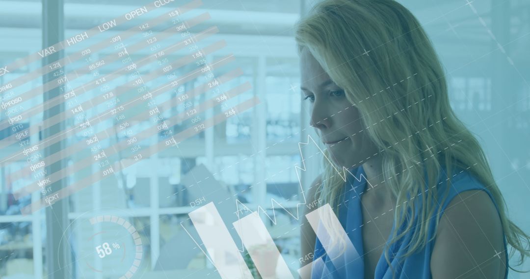Businesswoman Analyzing Data with Digital Interface Overlay