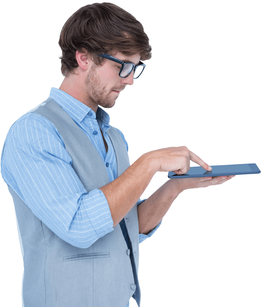 Transparent Businessman in Vest Using Tablet, Touchscreen Interaction