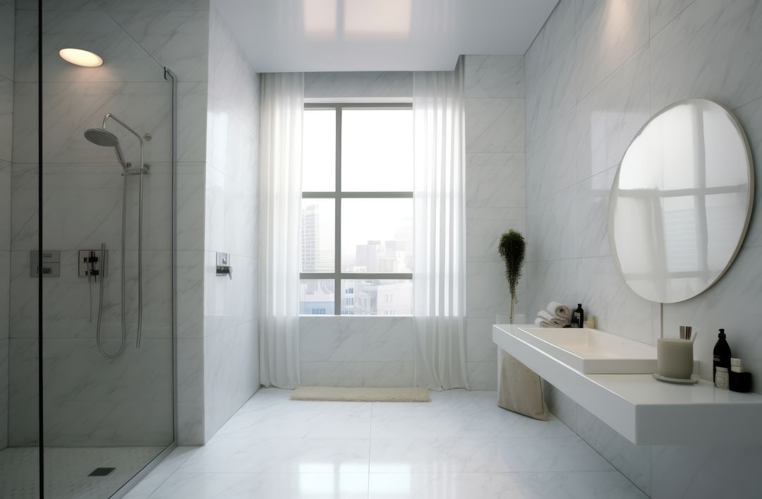 Modern Minimalist White Bathroom with Large Window and Shower - Free Images, Stock Photos and Pictures on Pikwizard.com