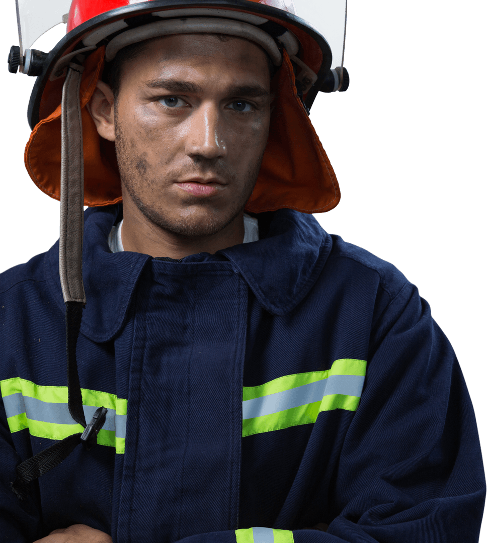Focused Firefighter Wearing Helmet with Transparent Background
