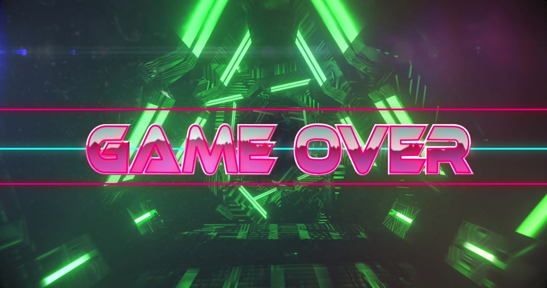 Neon Futuristic Game Over Screen with Green and Pink Glowing Elements