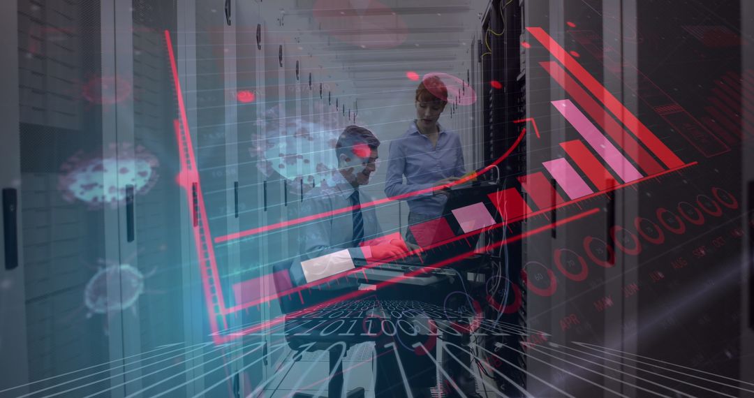 Technicians Analyzing Data in Server Room with Digital Graph Overlay