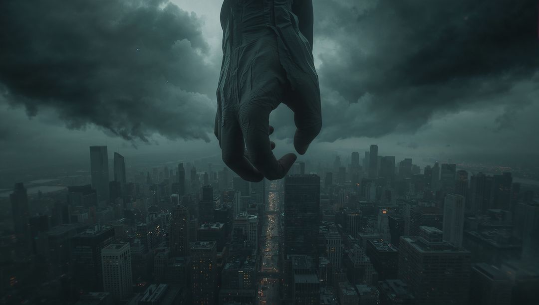 Surreal Glove Descending on City Under Brooding Storm
