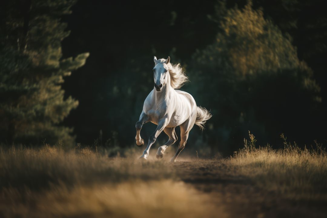 Majestic White Horse Galloping Through Sunlit Forest Clearing - Free Images, Stock Photos and Pictures on Pikwizard.com