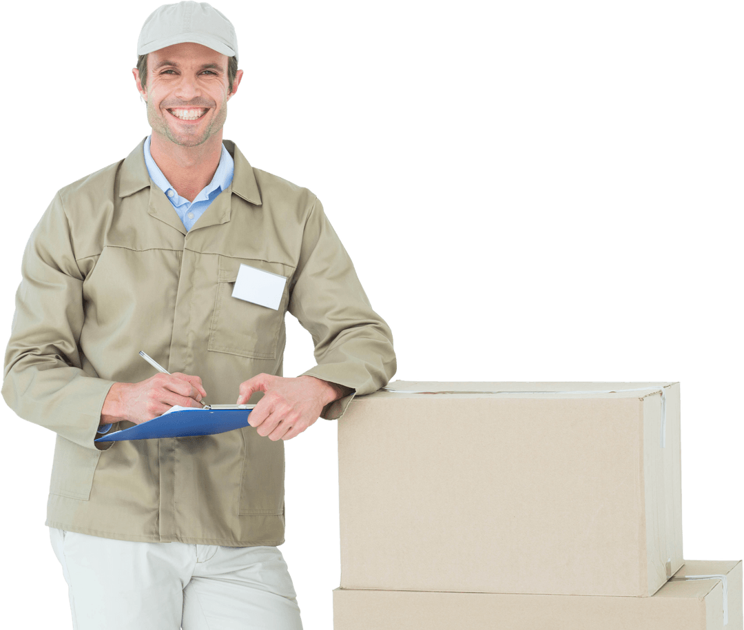 Transparent Delivery Man with Clipboard by Cardboard Boxes