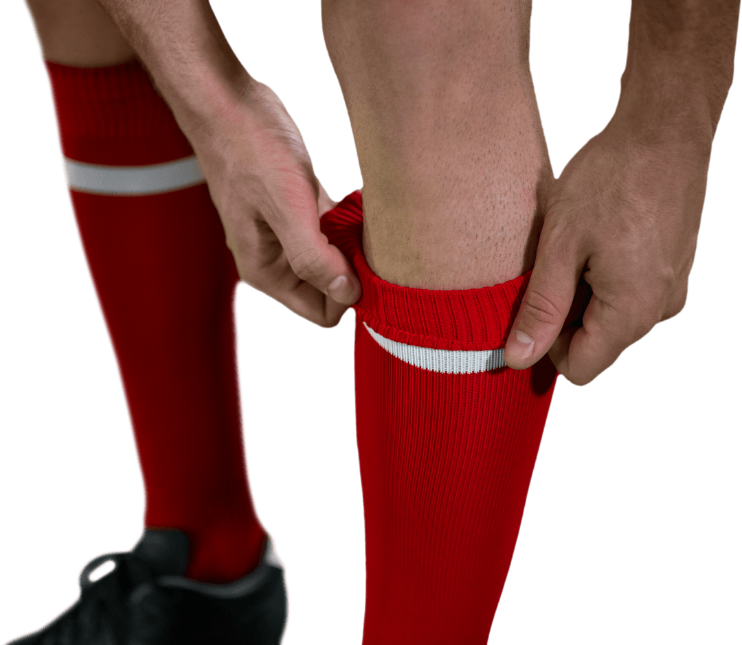 Football Player Adjusting Red Socks Transparent Background