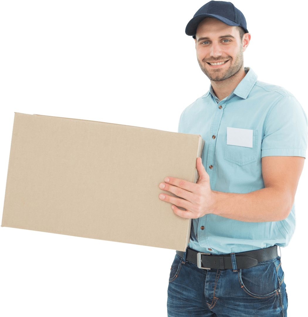 Transparent Background Smiling Delivery Worker Holding Parcel Box