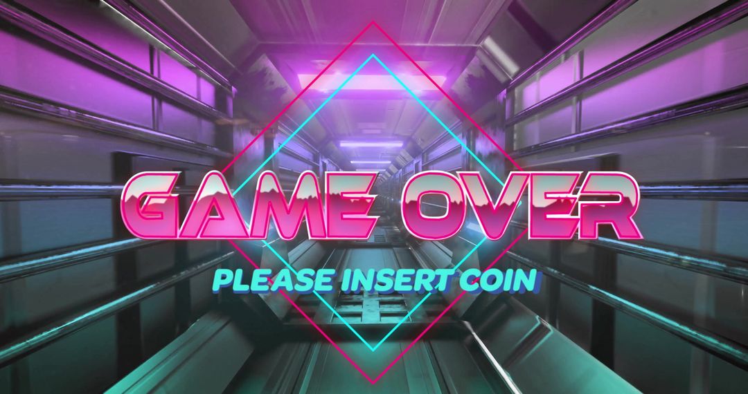 Neon Glowing 'Game Over' Text in Futuristic Fantasy Hallway